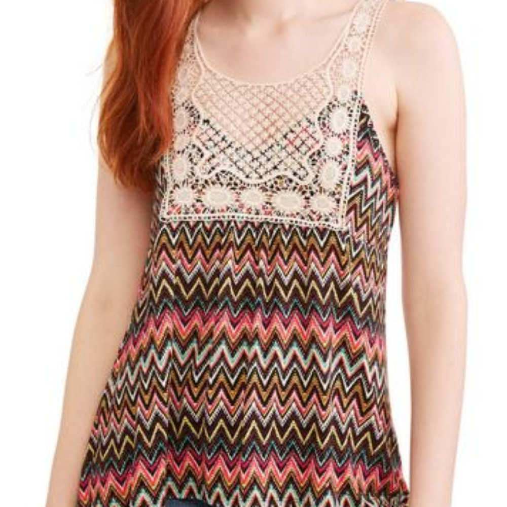 Juniors' Printed Crochet High Neck Swing Tank